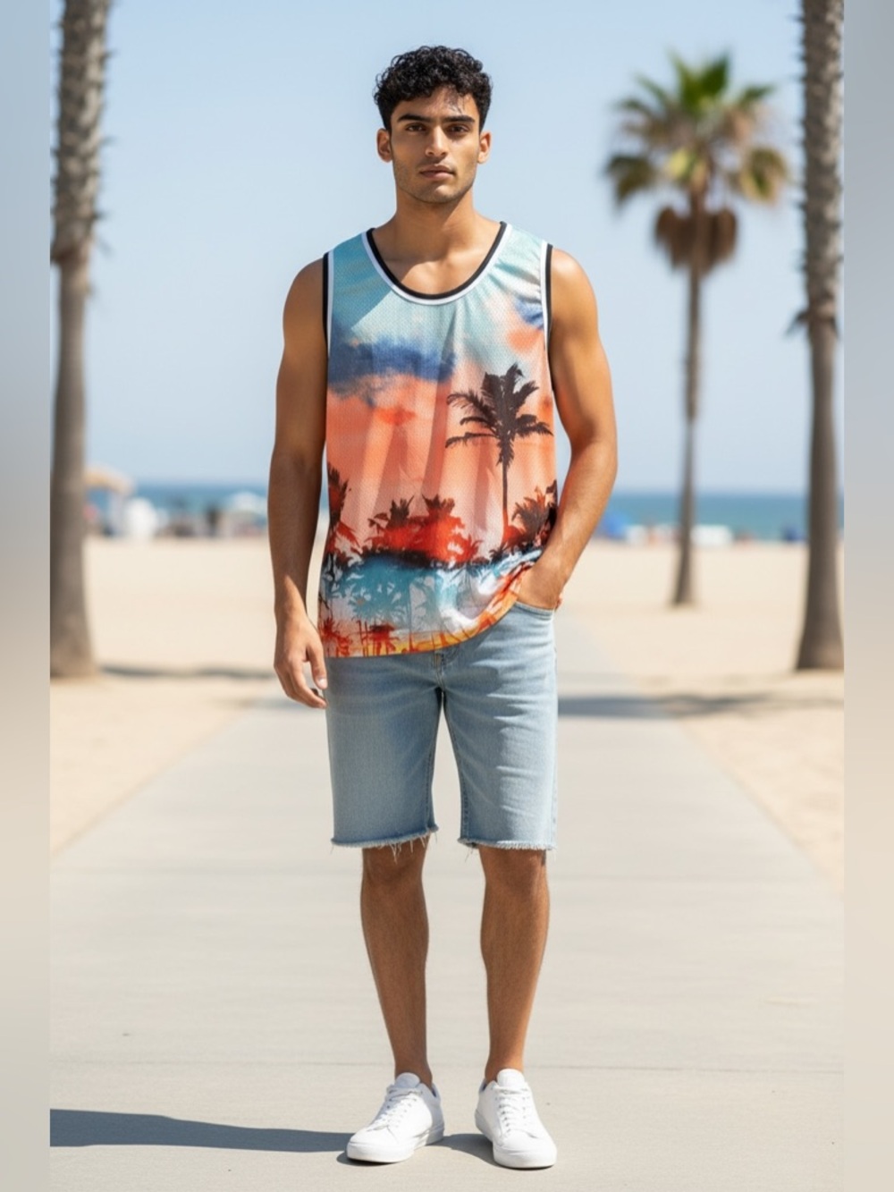 Men's Tropical  🌴 Sleeveless Sunset Tank Top - Orange Multi